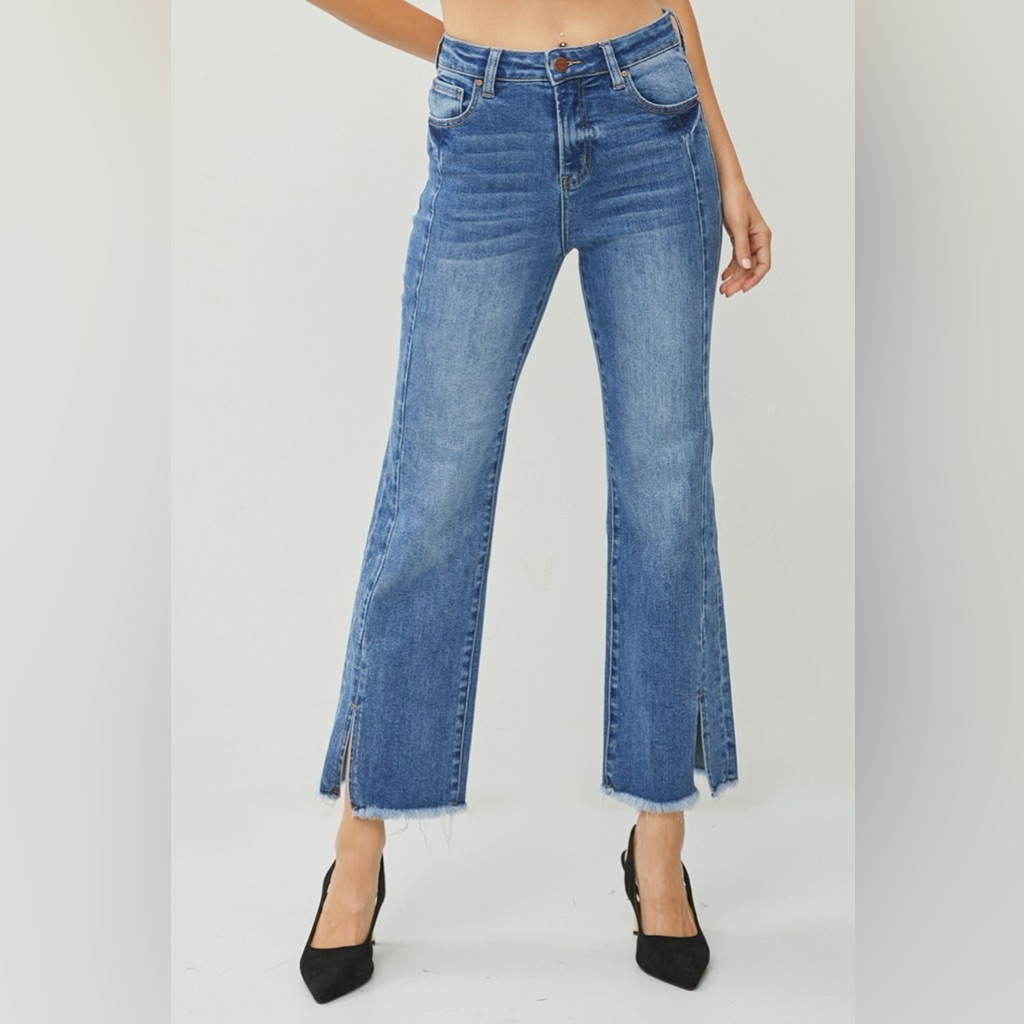 Risen High Waist Raw Hem Slit Straight Jeans